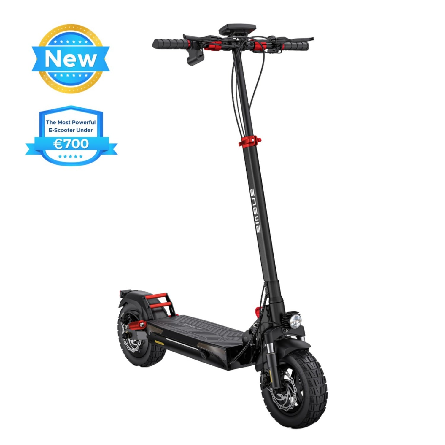 Scooter elettrico nero con dettagli rossi. Ha ruote grandi, un faro e un display digitale. Adesivo nuovo ed etichetta del prezzo visibili.