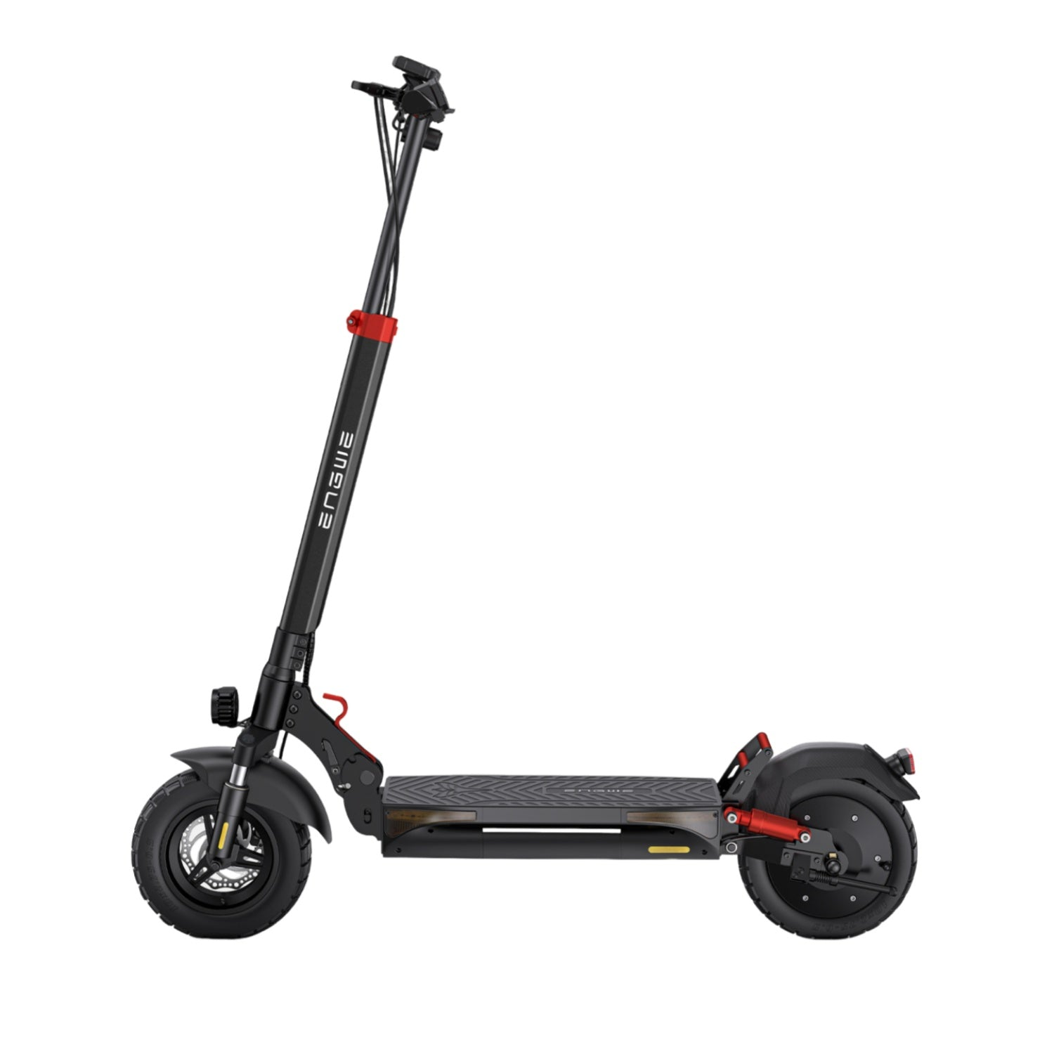 Scooter elettrico nero su sfondo bianco. Ha un accento rosso sullo stelo e sul retro. Il marchio è Engwe.