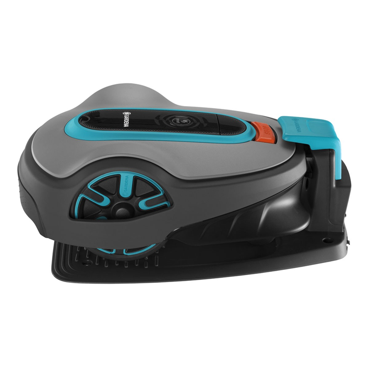 Un cortacésped robótico. Tiene un cuerpo gris y negro con detalles azules y naranjas. La marca, Gardena, es visible.