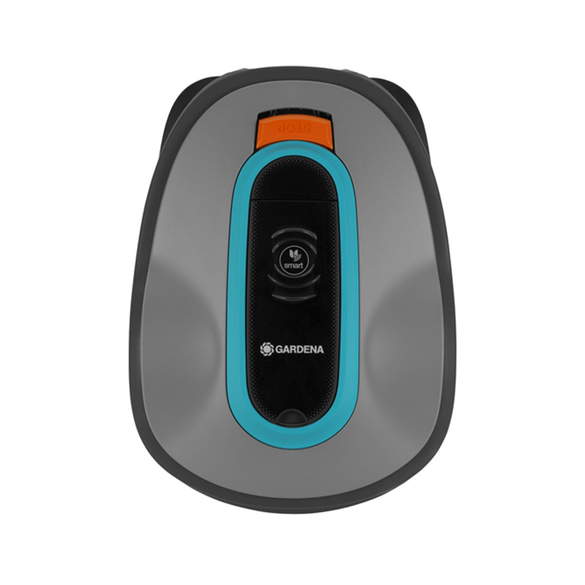 Un cortacésped robótico. Es gris, con un panel central turquesa y negro. Se ve la palabra "GARDENA" y "smart".