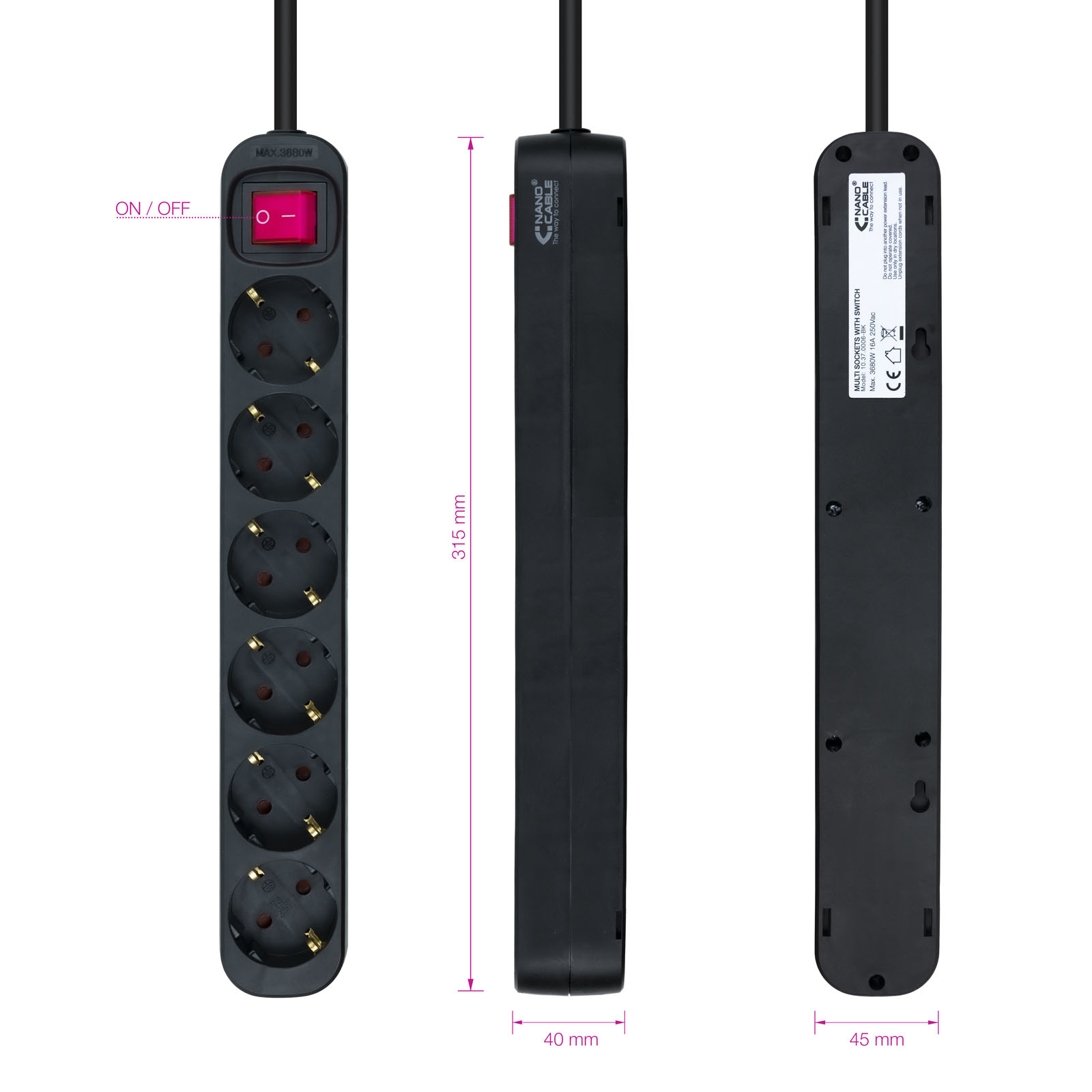 Czarna listwa zasilająca z przełącznikiem, 6 gniazd, 315 mm długości. Wymiary: 40 mm i 45 mm. Posiada włącznik/wyłącznik.