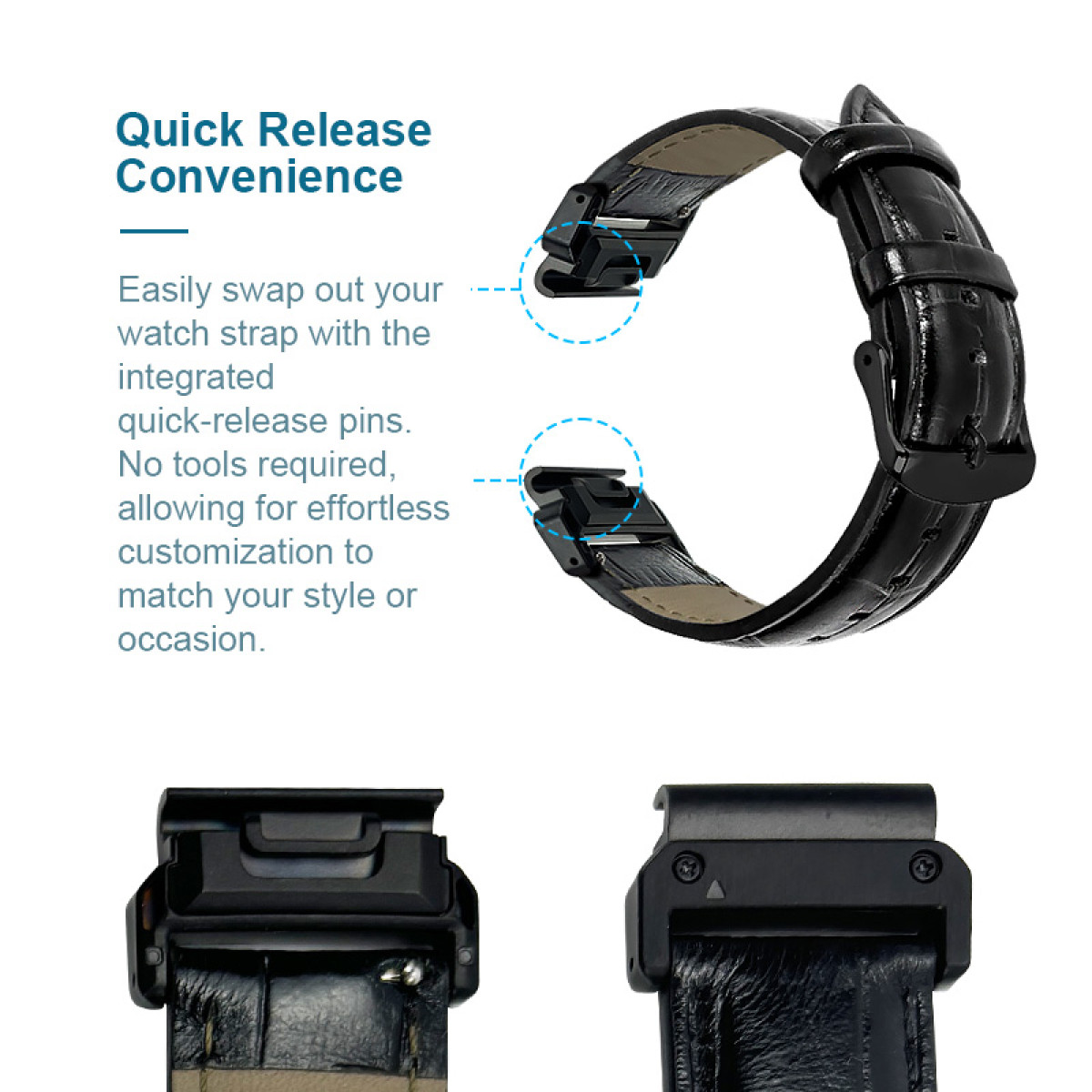 Ein schwarzes Lederarmband mit Schnellverschluss. Das Bild zeigt Details des Armbands und Text zur Erläuterung der Funktion.
