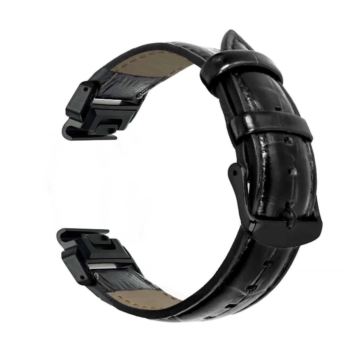 Schwarzes Lederarmband auf weißem Grund. Das Armband hat eine Schnalle und zwei Anschlusspunkte.