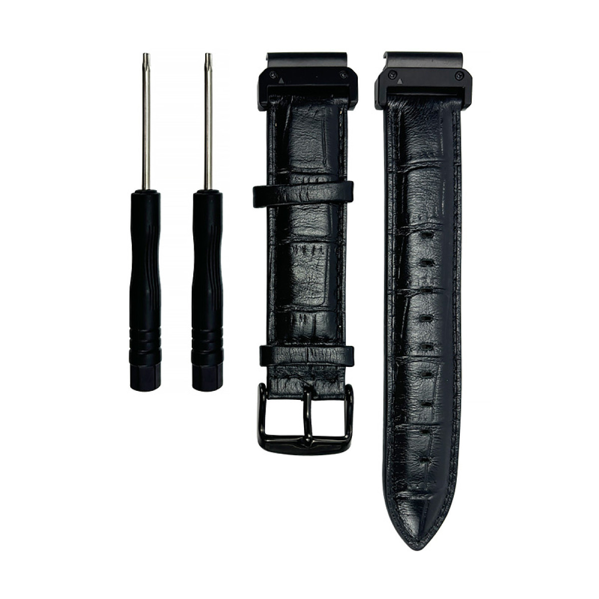 Schwarzes Uhrenarmband mit Schnalle und zwei Schraubenziehern auf weißem Hintergrund. Das Armband ist aus strukturiertem Leder.