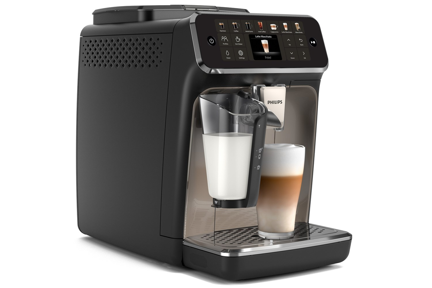 Black Philips coffee machine making latte macchiato. Milk in a glass and coffee in another. Touchscreen display.