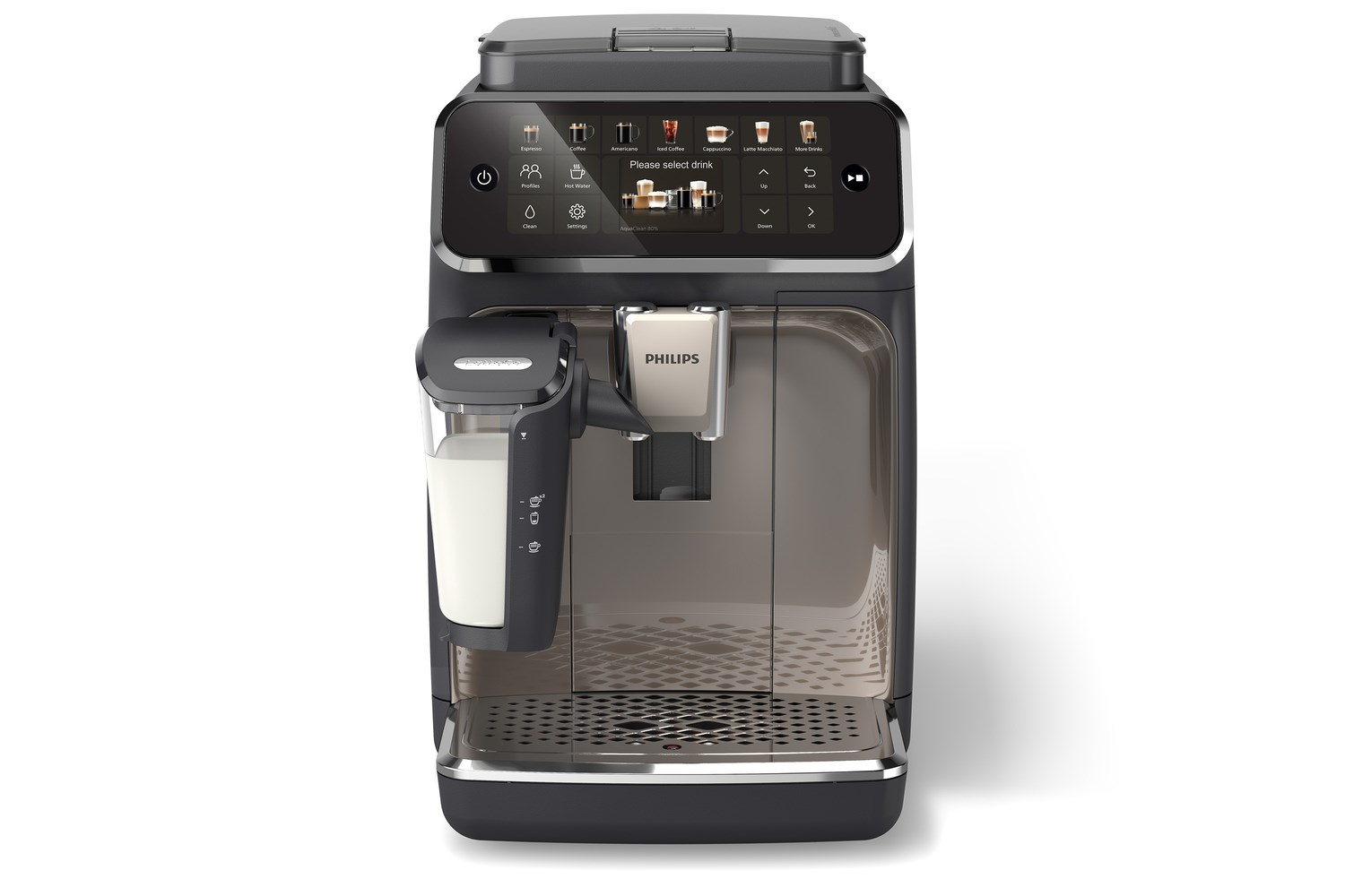 A Philips espresso machine is shown. It has a touchscreen display and a milk container. The machine is black and silver.