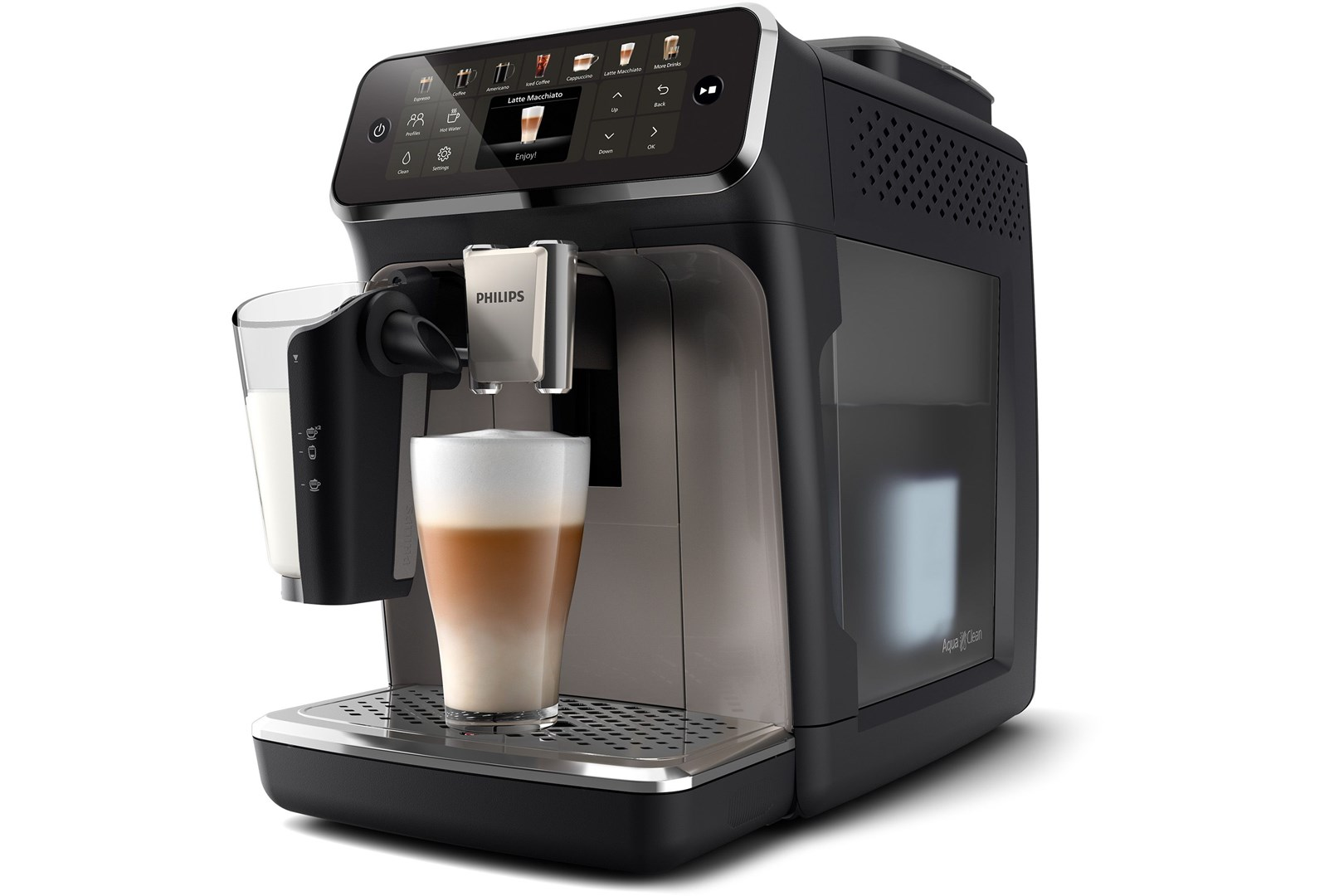 A black and silver Philips coffee machine making latte macchiato. A glass of latte is under the dispenser. The machine has a touchscreen.