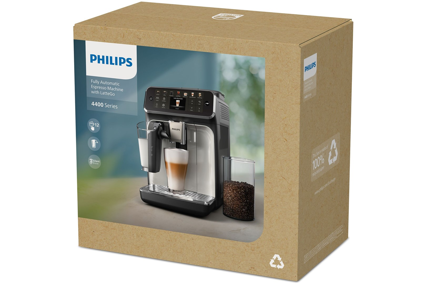 A Philips espresso machine box with the machine inside. It is making coffee. A glass of beans sits next to it.