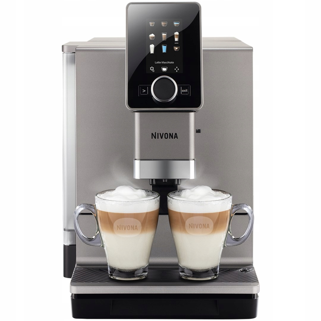 A silver Nivona coffee machine with a touchscreen, brewing two latte macchiatos in glass mugs.