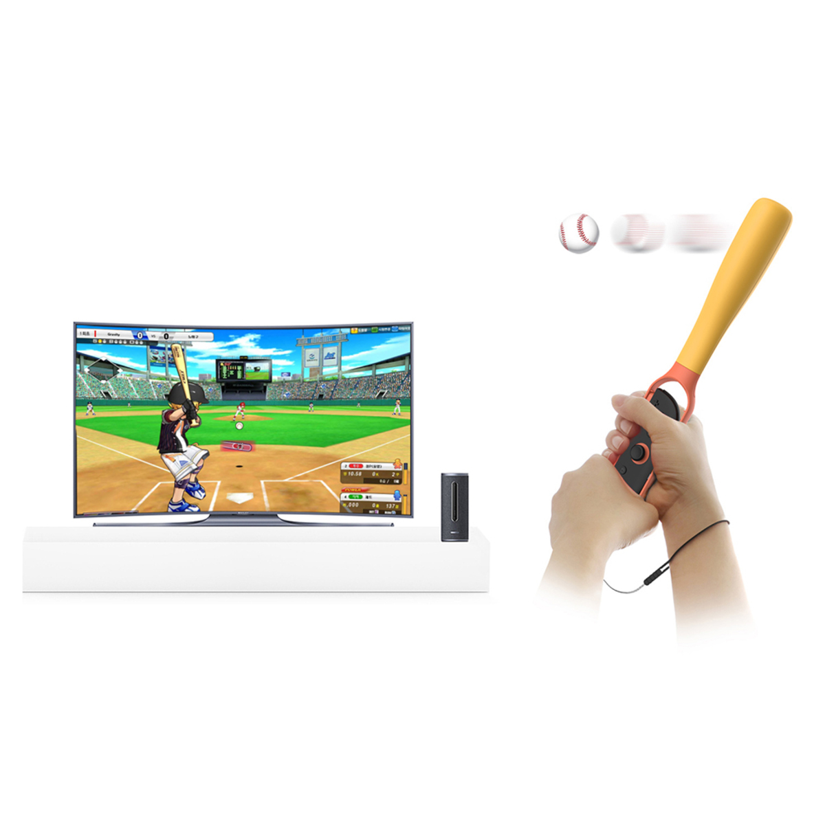 Una persona sosteniendo un bate de béisbol amarillo y rojo. Un televisor muestra un juego de béisbol. Las pelotas de béisbol parecen estar en movimiento.