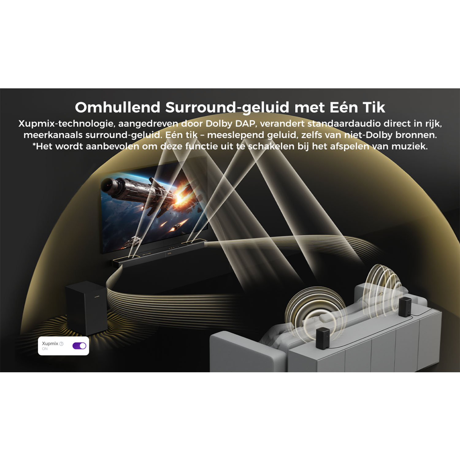 Een thuisbioscoopopstelling met tv, soundbar, subwoofer en surround speakers. Tekst geeft surround sound technologie aan.