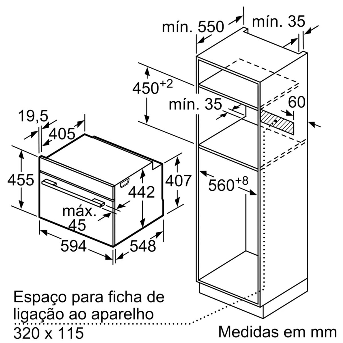 Diagram van een inbouwoven met afmetingen in mm. Toont oven en kast met maten. Tekst in het Portugees.
