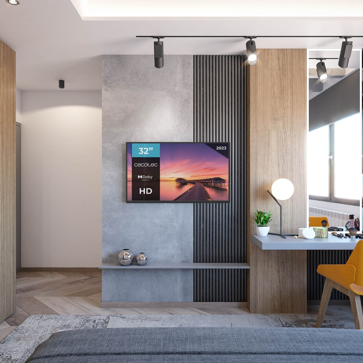 Nowoczesna sypialnia z telewizorem wyświetlającym zachód słońca nad pomostem. Obecne jest biurko z lampą, krzesłem i lustrem.