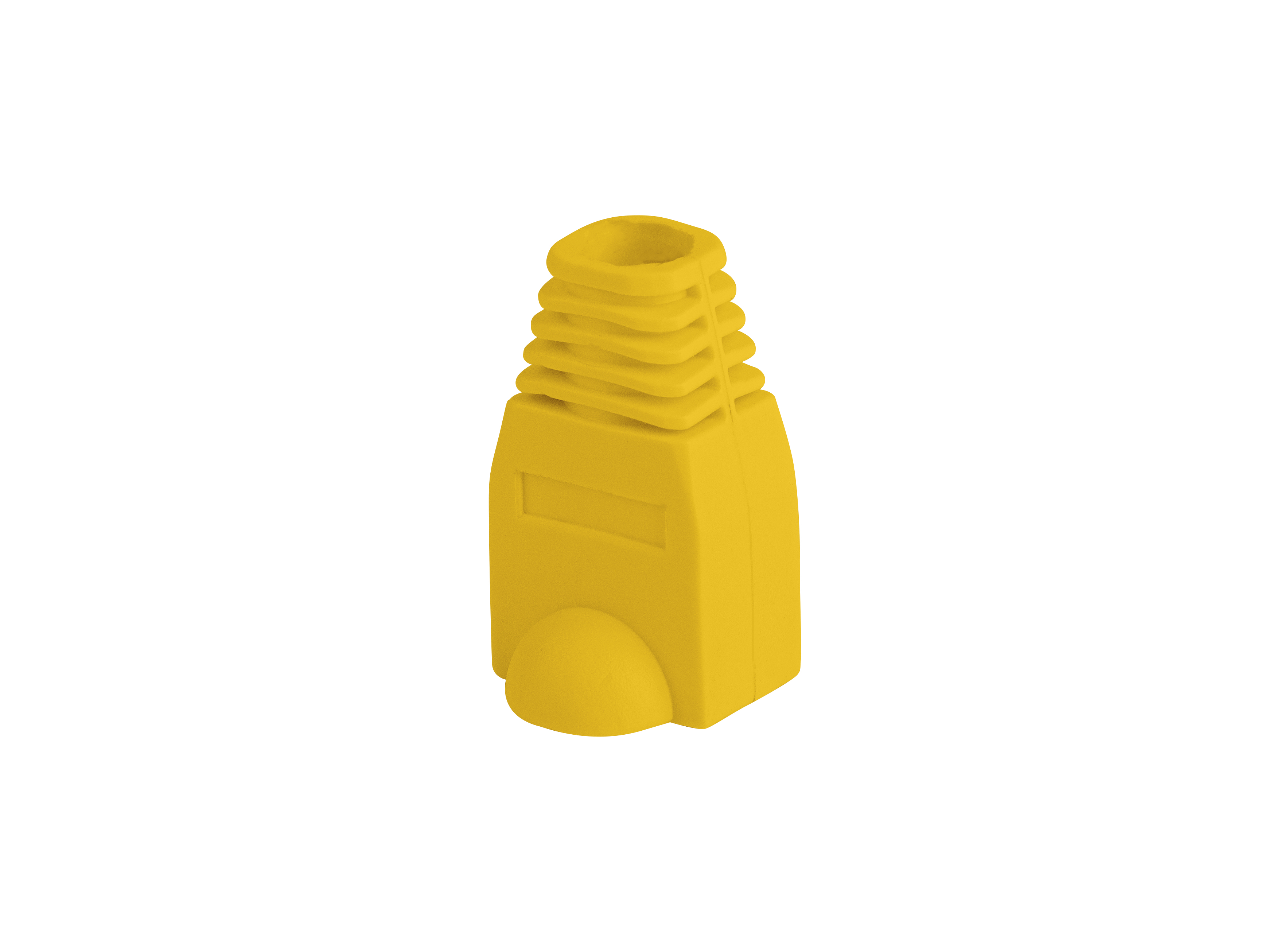 Żółte złącze RJ45, żebrowane u góry, z prostokątnym korpusem i zaokrągloną podstawą, na białym tle.