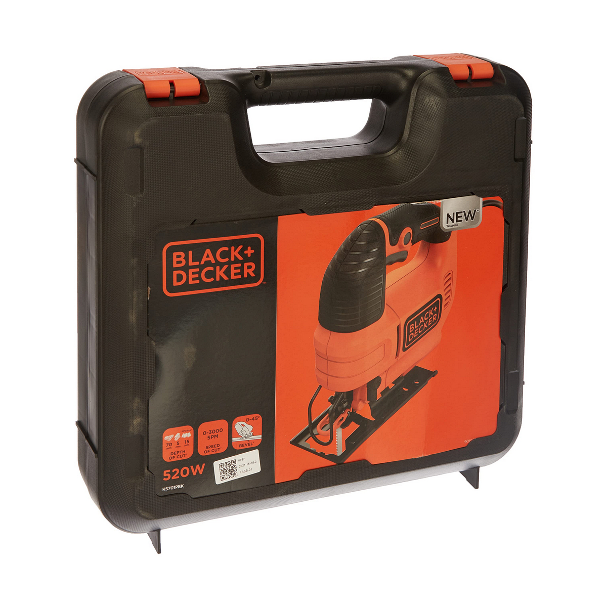 Czarno-pomarańczowa wyrzynarka Black+Decker w walizce transportowej. Walizka jest czarna z pomarańczowymi akcentami. Narzędzie jest pomarańczowo-czarne.