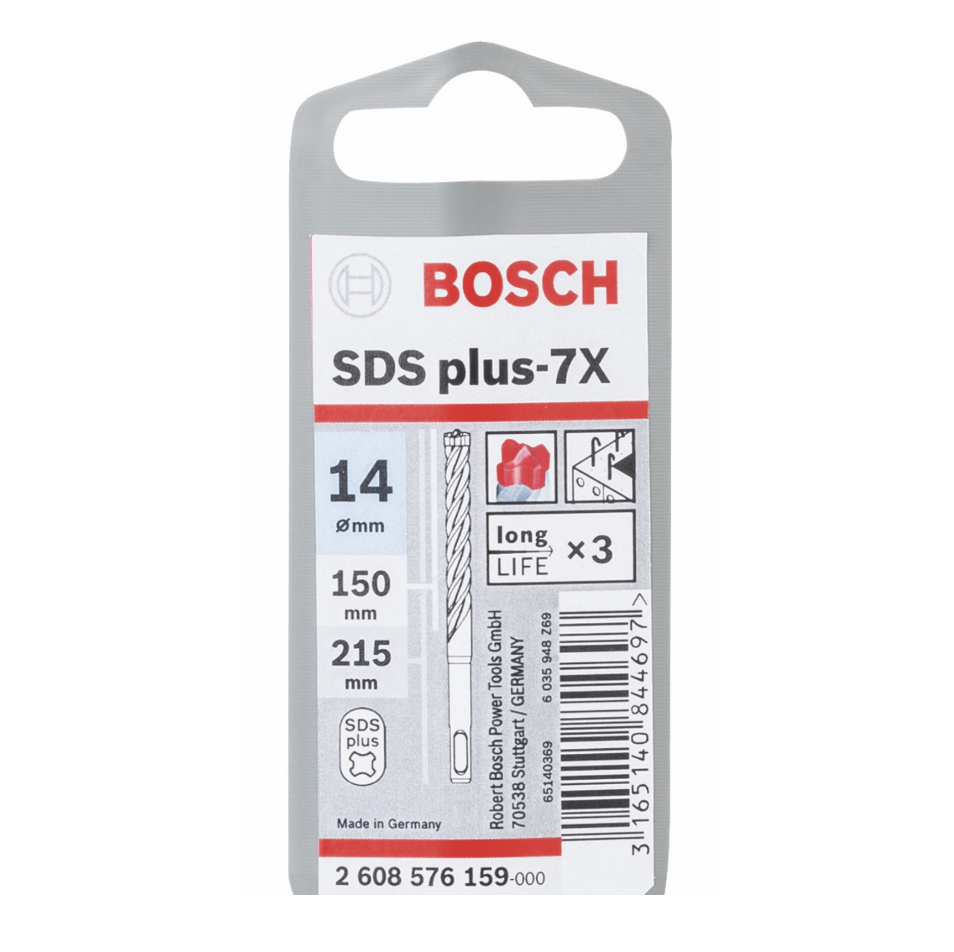 Opakowanie wiertła Bosch SDS plus-7X. Pokazuje szczegóły produktu, w tym rozmiar i logo Bosch.