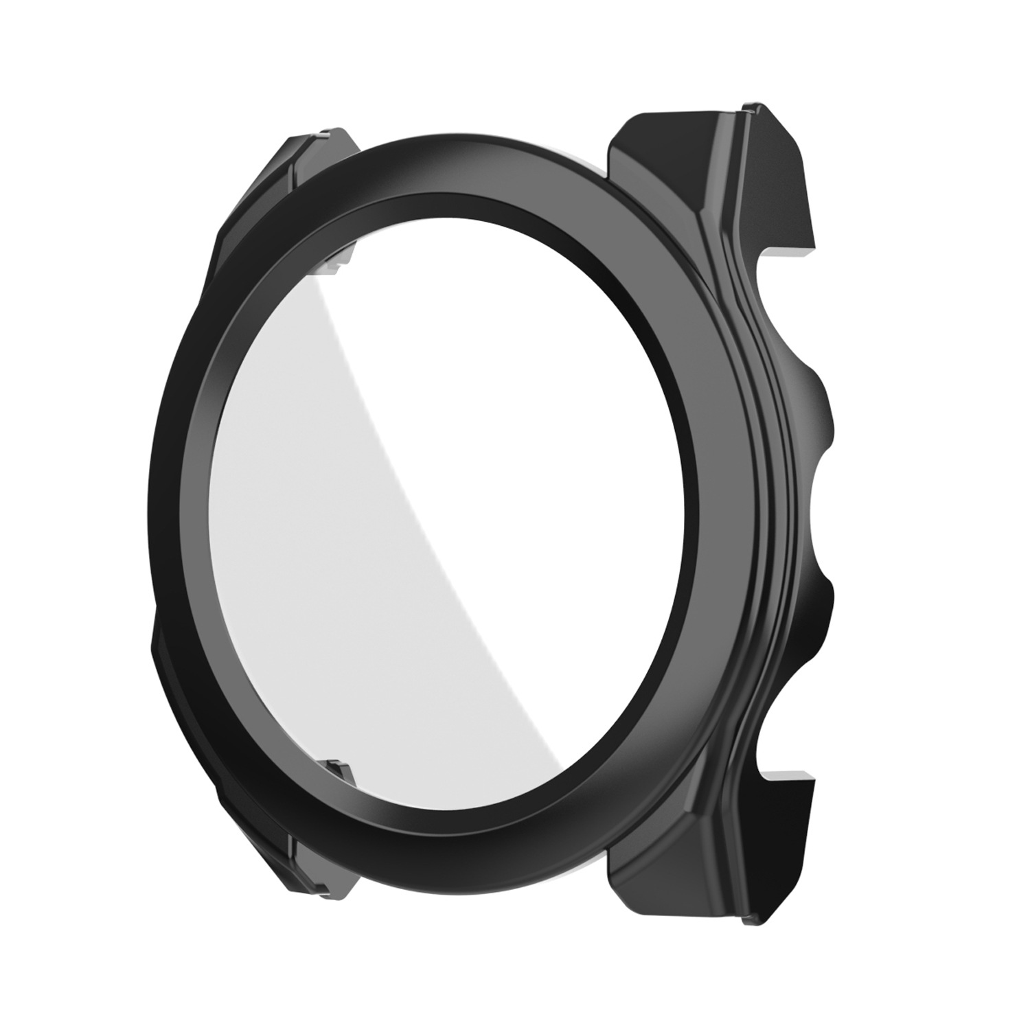 Ein schwarzer Uhrenschutz mit einem transparenten Kreis in der Mitte. Der Schutz befindet sich auf weißem Hintergrund.
