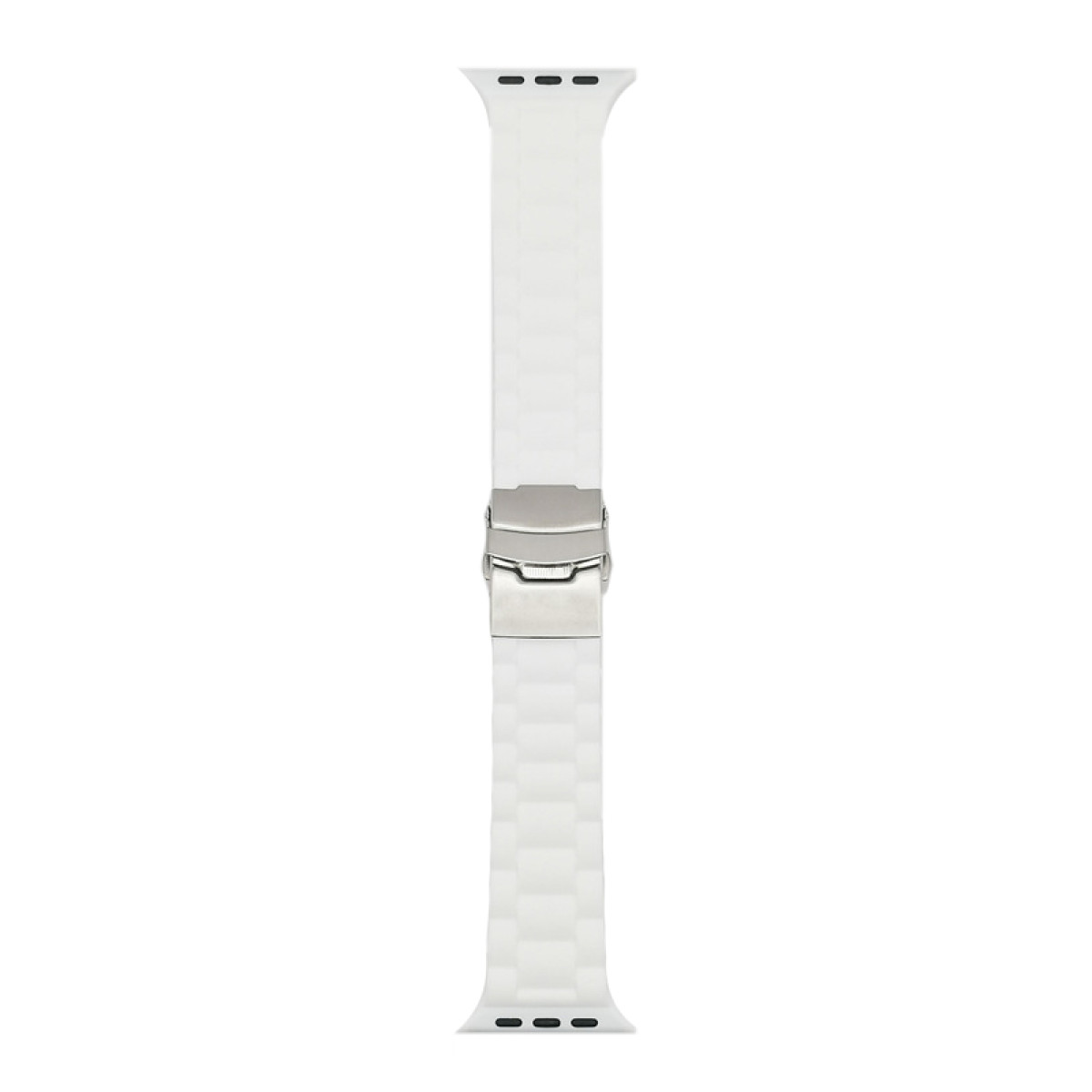 Un cinturino bianco per Apple Watch con chiusura argentata. Il cinturino è realizzato in materiale segmentato. Tre piccoli fori su ogni estremità.