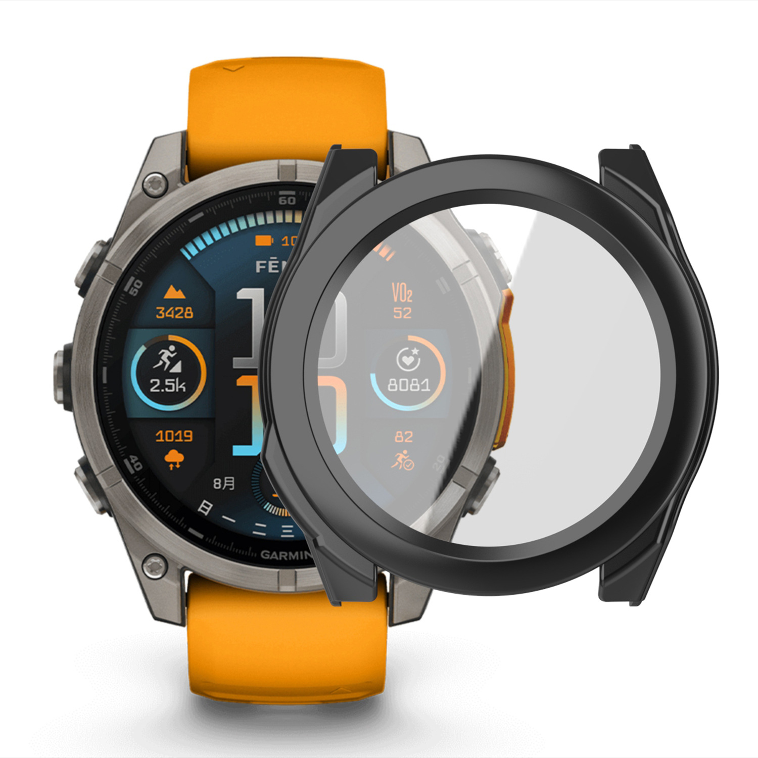 Eine Smartwatch mit orangefarbenem Armband wird mit einer schwarzen Schutzhülle gezeigt. Die Uhr zeigt Gesundheitsdaten und das Datum an.