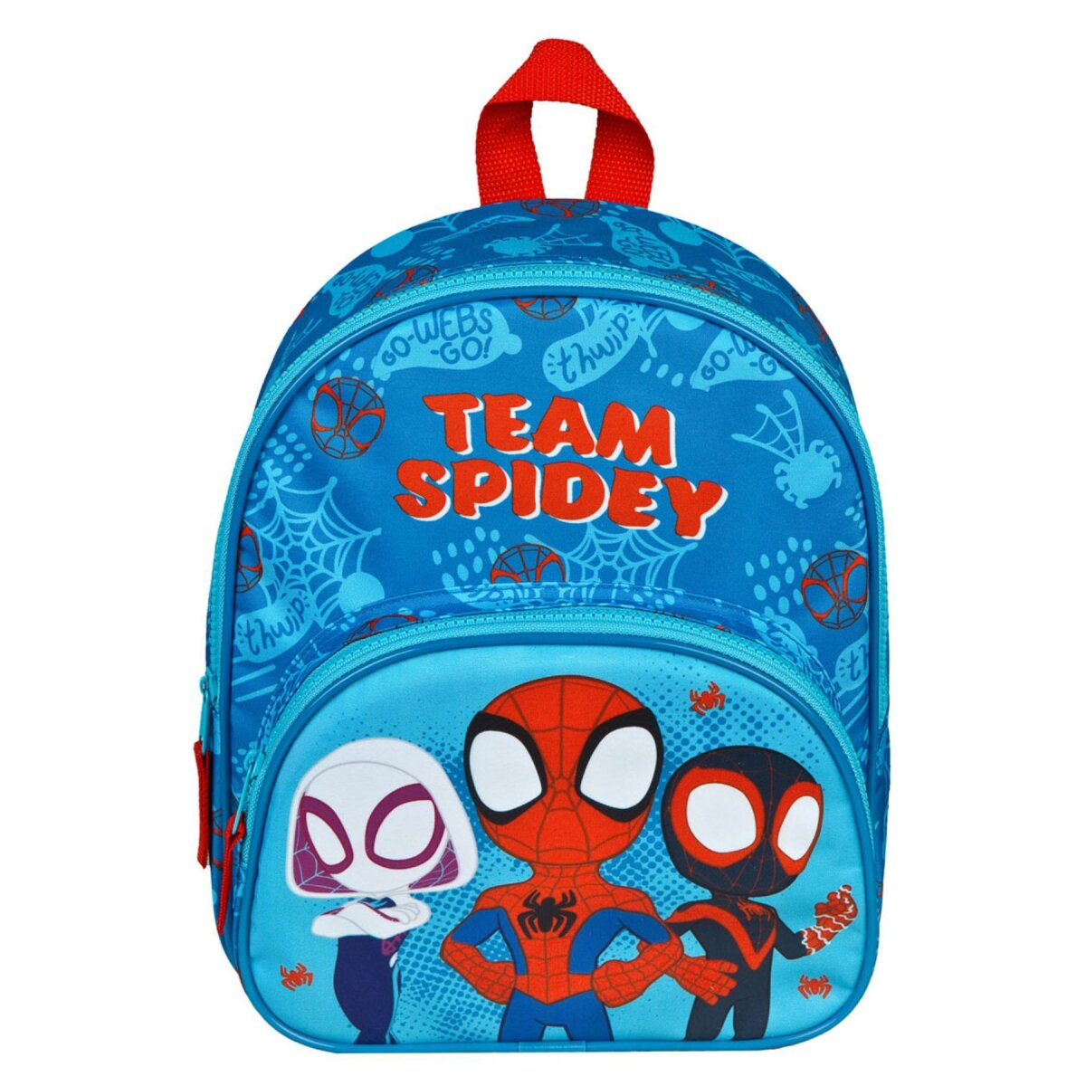 Blue Team Spidey backpack featuring Spider-Man, Spider-Gwen, and Miles Morales. It has a red handle and the words 'Team Spidey'.