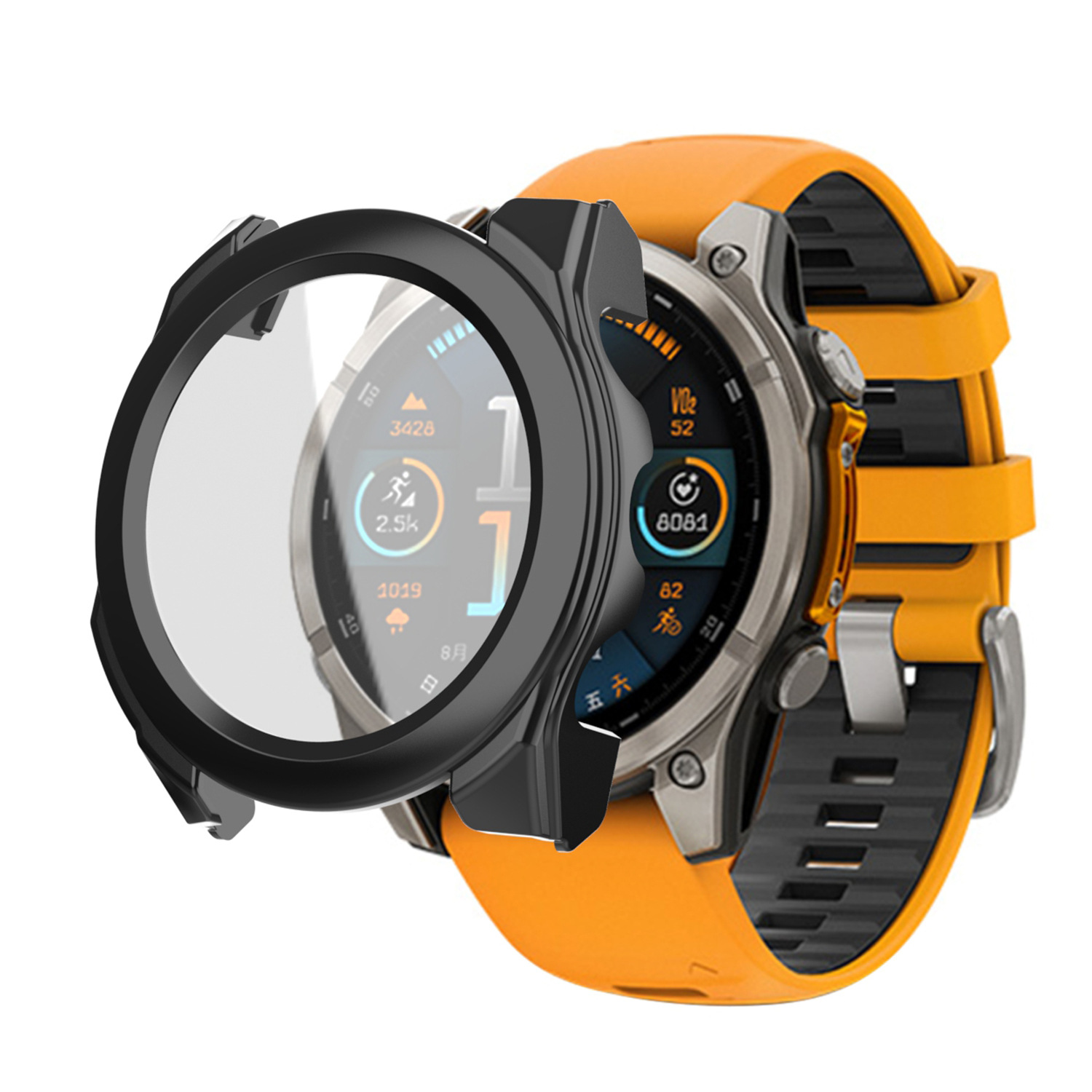 Eine Smartwatch mit orangefarbenem Armband und schwarzer Schutzhülle. Das Zifferblatt zeigt verschiedene Metriken an.