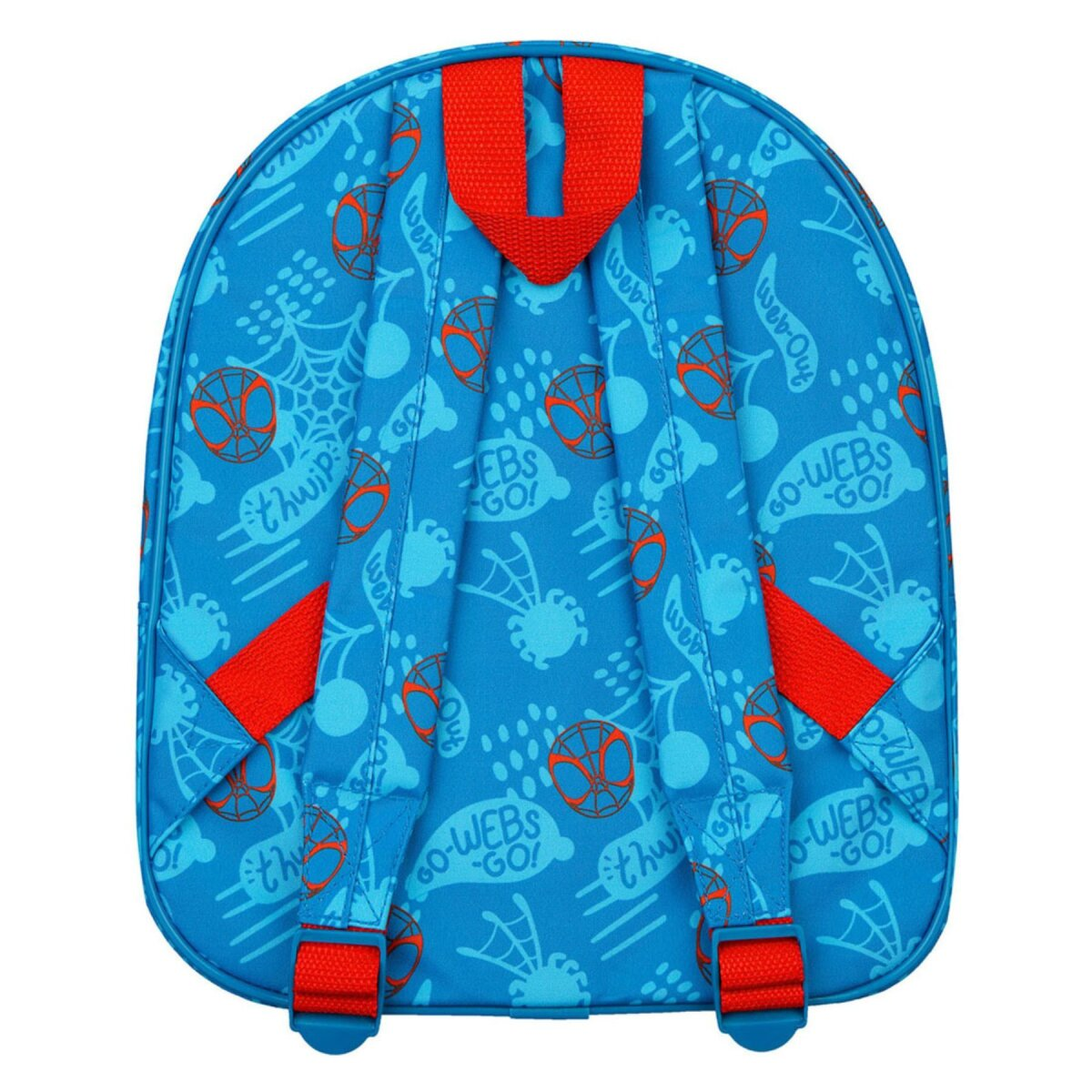 A blue backpack with a Spider-Man design, featuring red straps and accents. It has a pattern of spider webs, and the words GO-WEBS-GO.