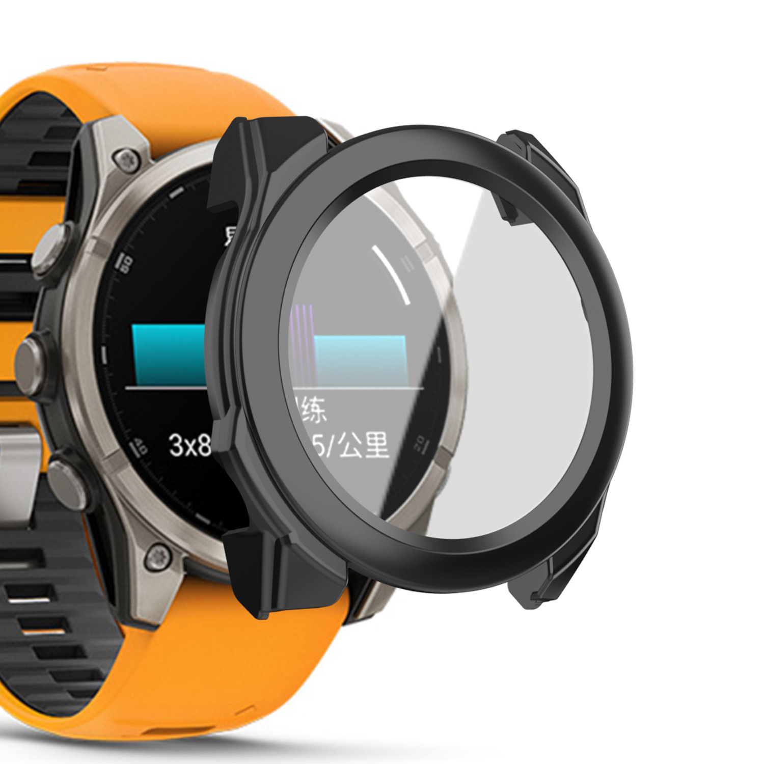 Nahaufnahme einer Smartwatch mit orangefarbenem Armband. Eine schwarze Schutzhülle bedeckt teilweise das Zifferblatt. Anzeige zeigt Daten.