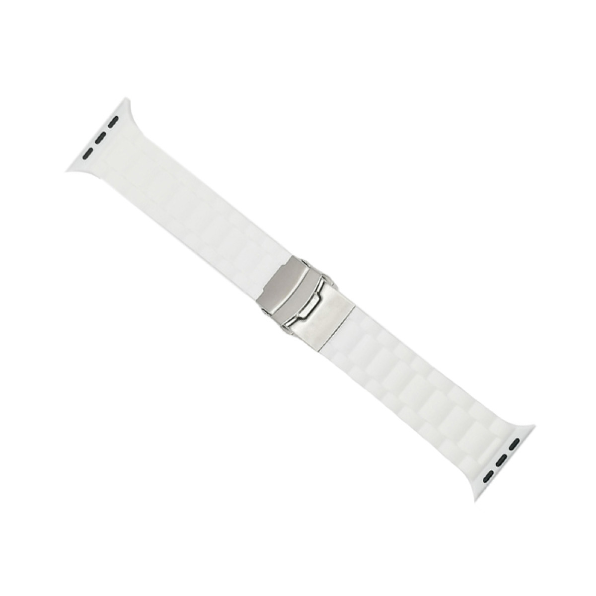 Un cinturino bianco per Apple Watch è in diagonale. Ha una chiusura argentata al centro e un motivo a scacchi. Lo sfondo è bianco.
