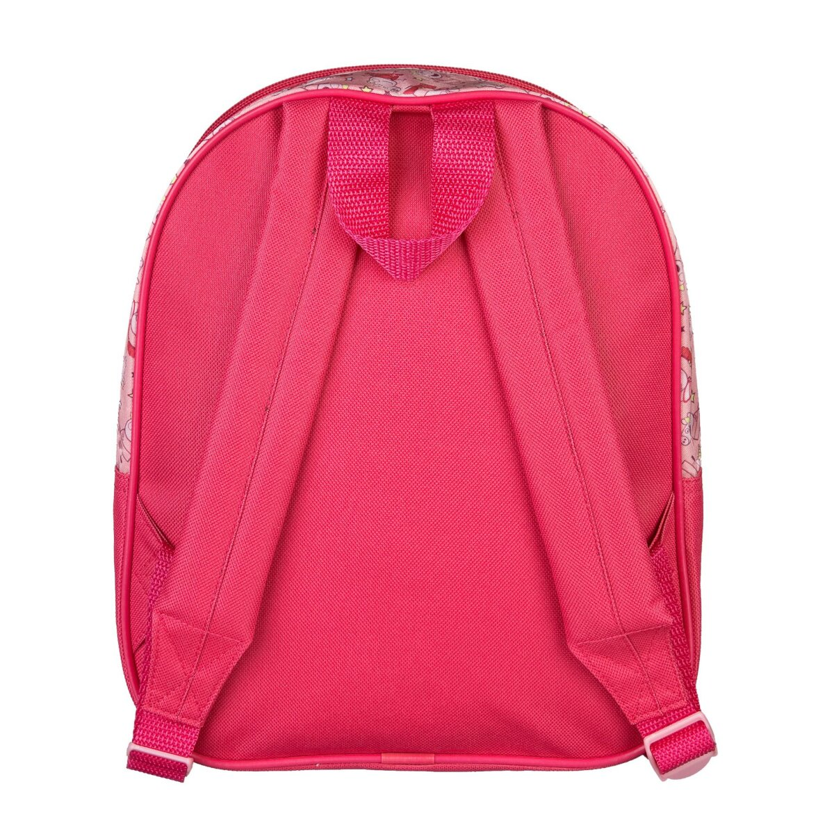Back of a pink backpack with adjustable straps, a top handle, and a zippered closure, white background.