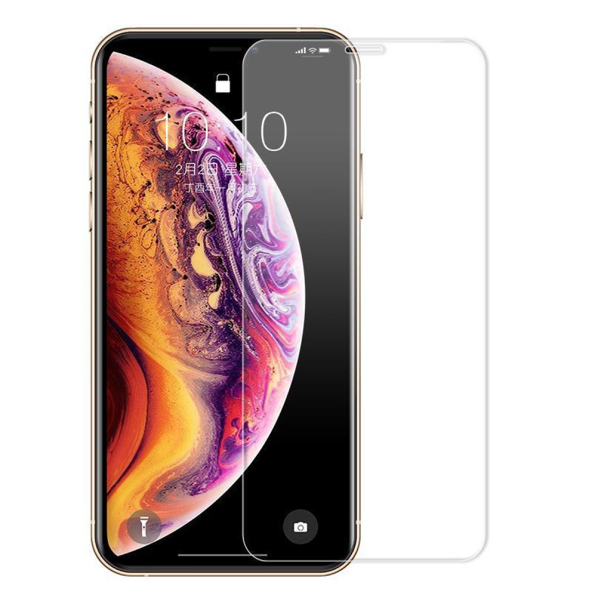 Uno smartphone con uno sfondo colorato viene mostrato con una protezione per lo schermo. Lo schermo mostra l'ora e la data.