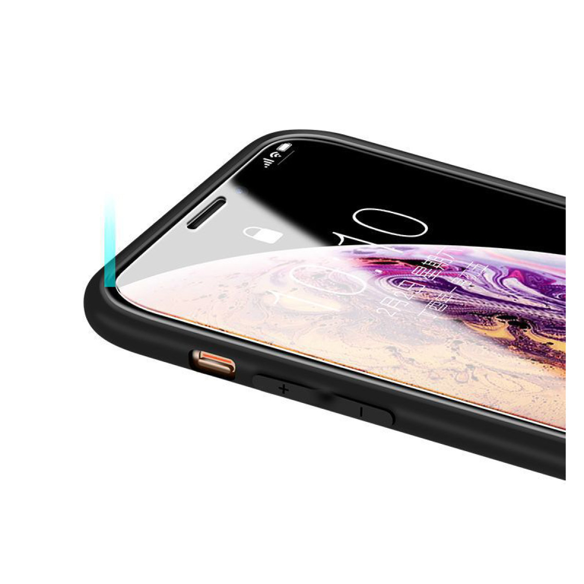 Uno smartphone nero in una custodia, con lo schermo che mostra una data, con una protezione per lo schermo in vetro applicata ad angolo.
