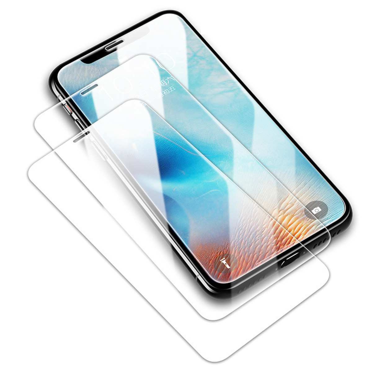 Uno smartphone con protezioni per lo schermo sovrapposte. Il telefono mostra uno sfondo colorato. Le protezioni sono trasparenti e stratificate. Lo sfondo è bianco.