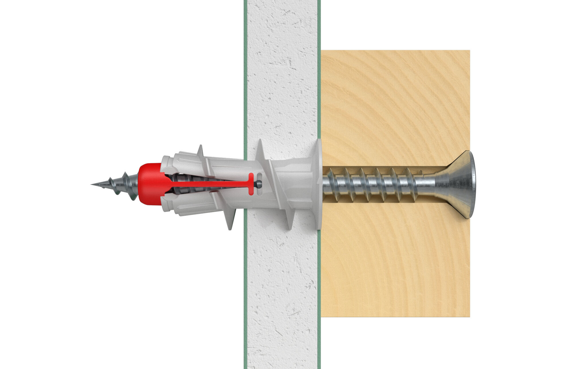 Un tornillo que se inserta en una pared. El tornillo es plateado, la pared es blanca y la madera es de color marrón claro. Se utiliza un anclaje rojo.
