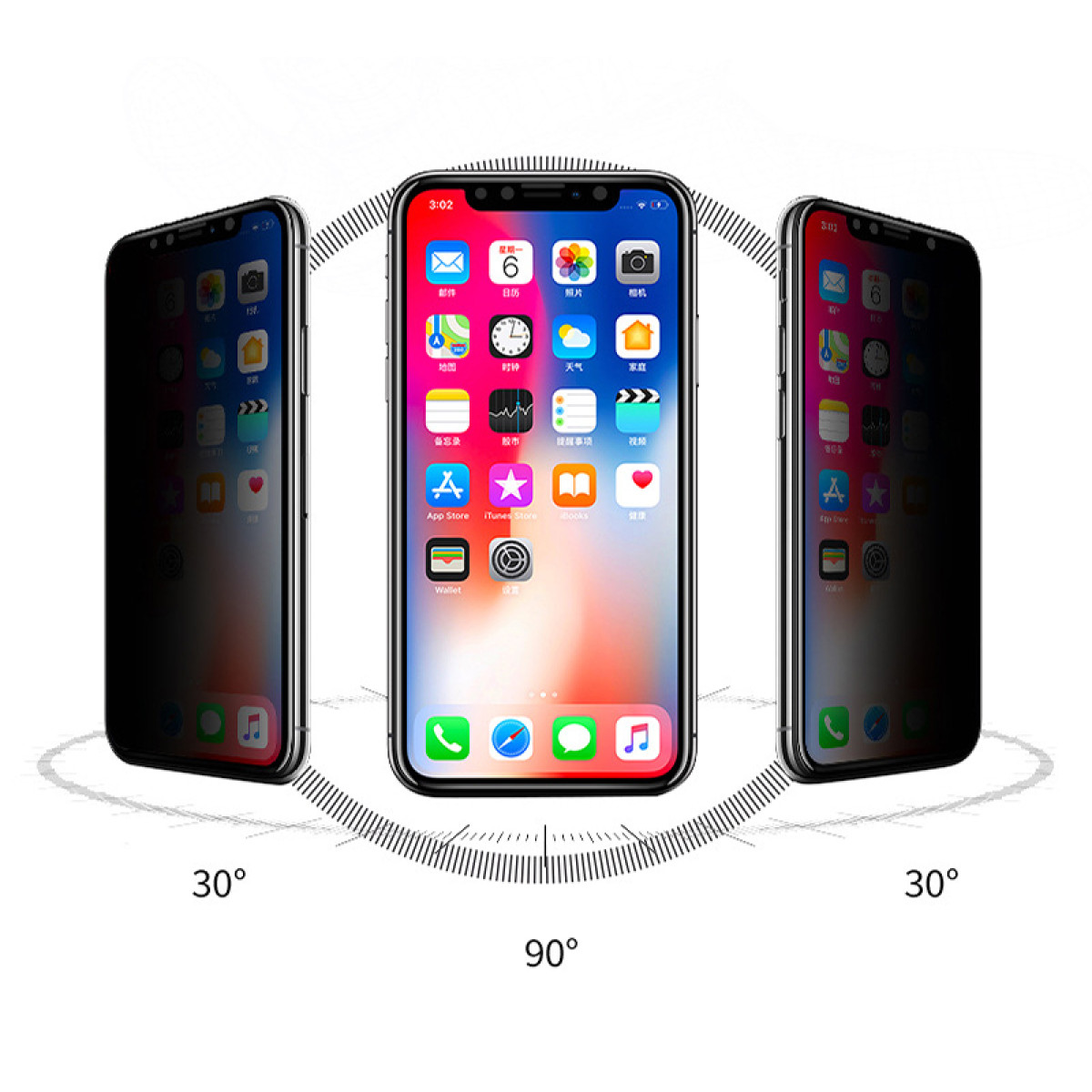 Tre iPhone disposti ad angoli. Il telefono centrale mostra app. I telefoni laterali hanno schermi neri, con effetto privacy.