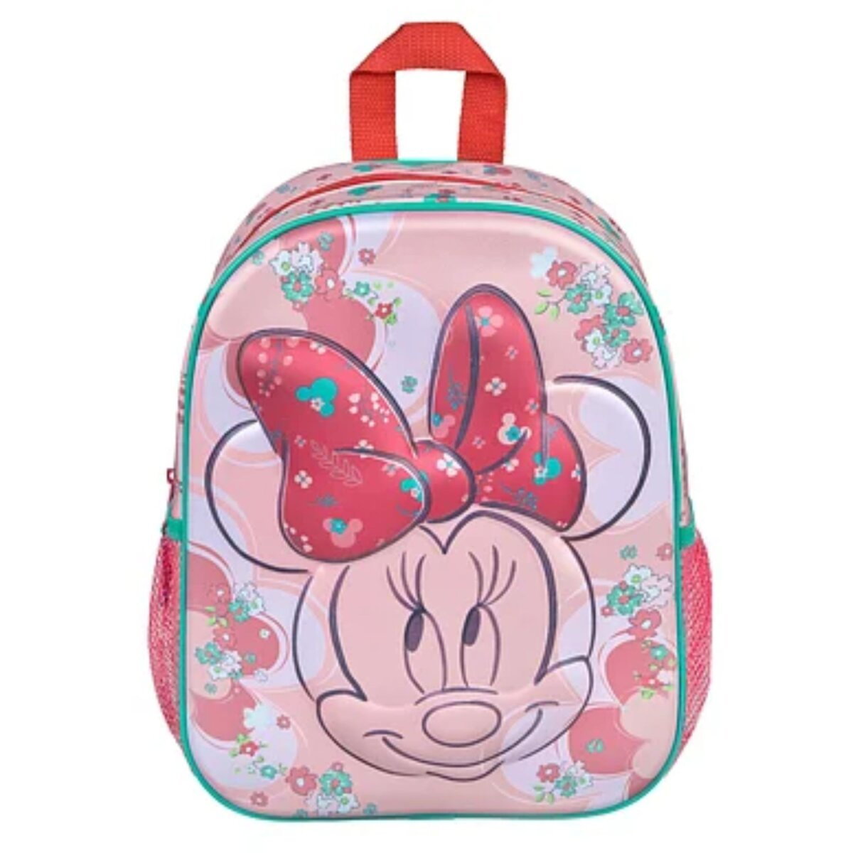 Pink Minnie Mouse backpack with red bow, handle, and floral pattern. Features Minnie's face and a side mesh pocket.