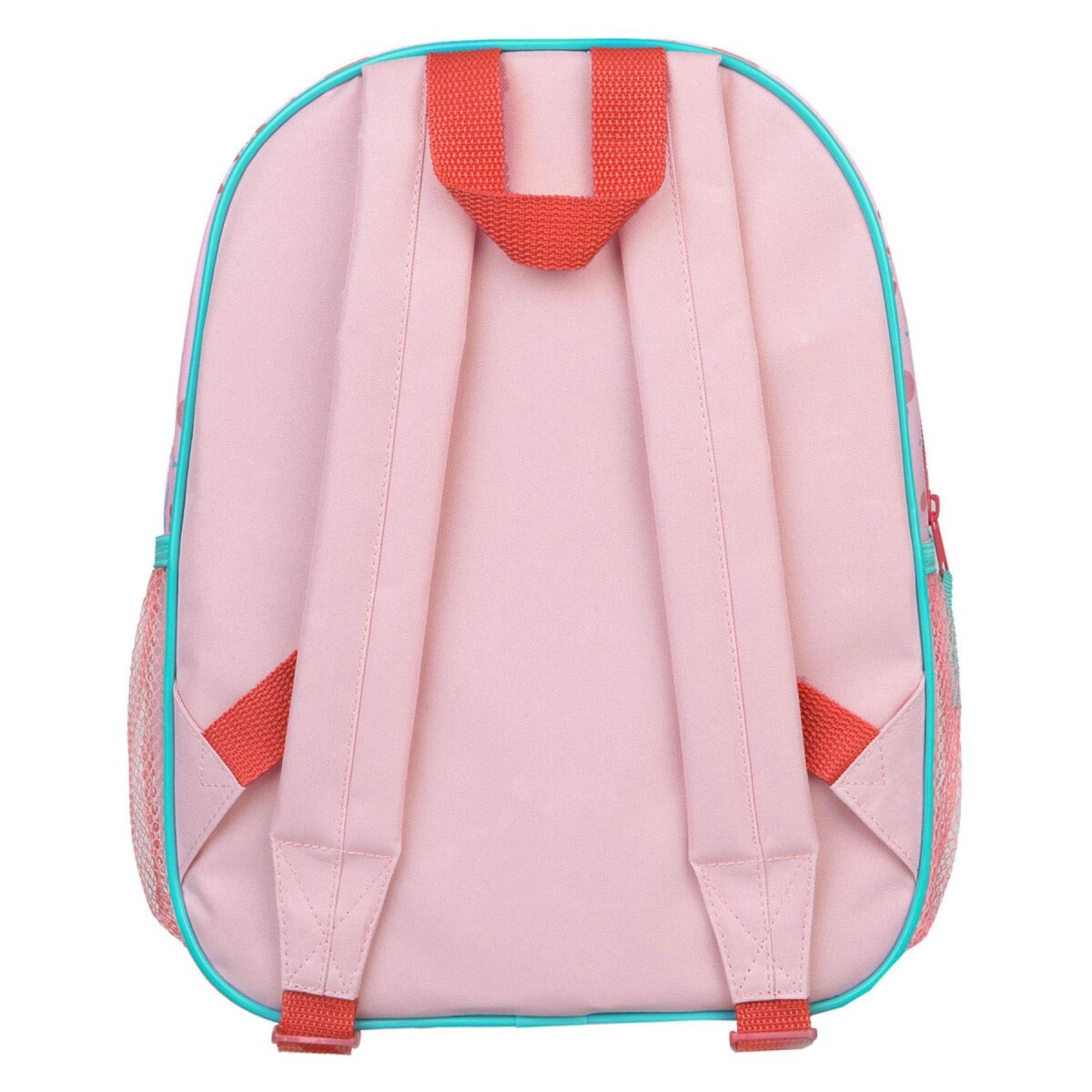 Pink backpack with red straps and teal trim. Features include a top handle, shoulder straps, and a side pocket with mesh.