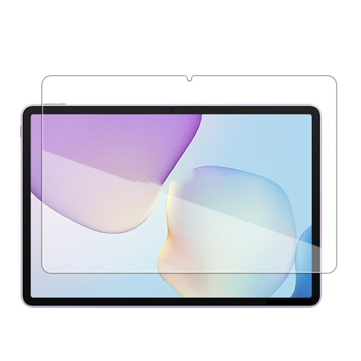 Tabletscherm met een transparante schermbeschermer. Het scherm toont een lichtpaars en blauw abstract ontwerp.