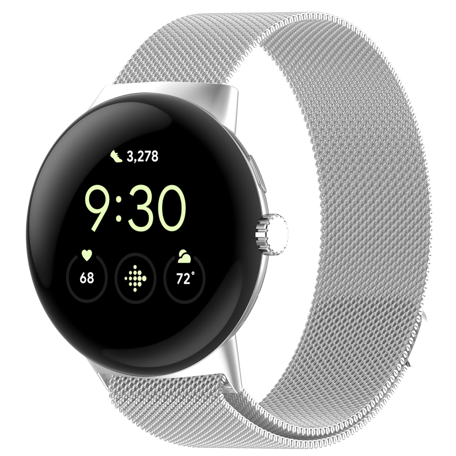 Uno smartwatch argentato con schermo nero rotondo che mostra le 9:30. Il cinturino è in maglia argentata. Icone per passi, frequenza cardiaca e meteo.