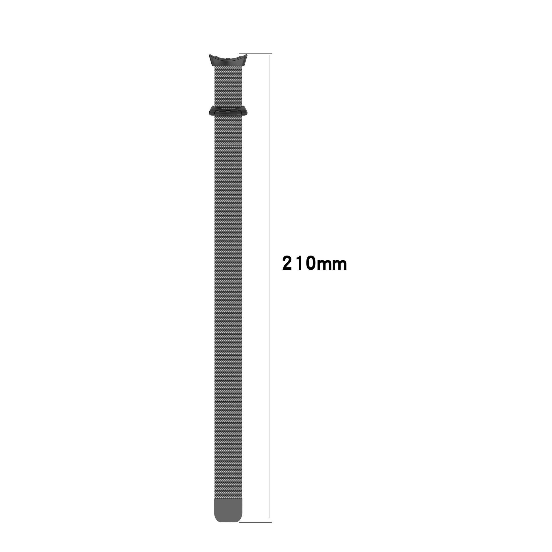 Un cinturino nero con design a rete, lungo 210 mm, su sfondo bianco.
