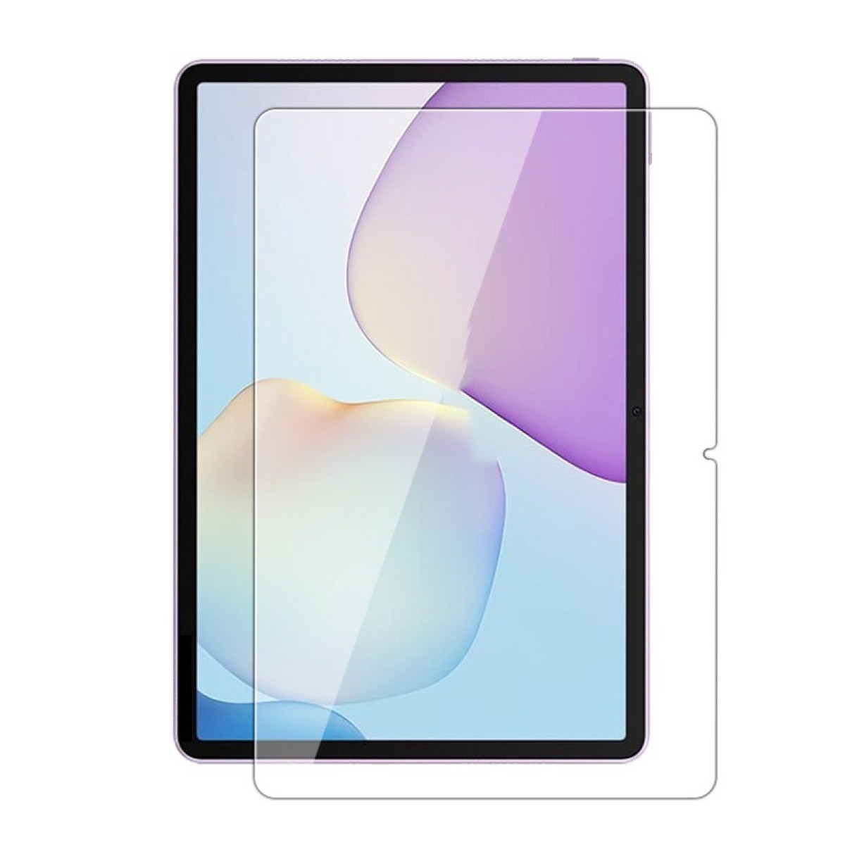 Een tablet met een schermbeschermer erop. Het scherm toont een kleurrijk abstract ontwerp.