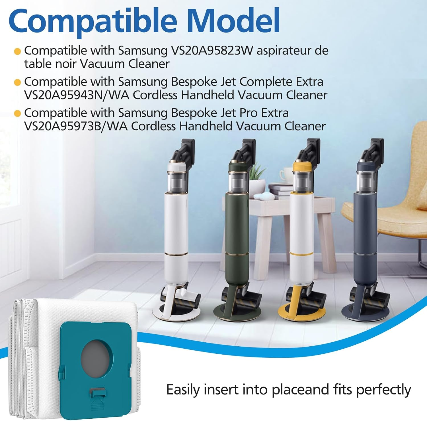 Obraz przedstawia odkurzacze w kolorze białym, zielonym, żółtym i niebieskim. Na pierwszym planie znajduje się torba z niebieskim filtrem.