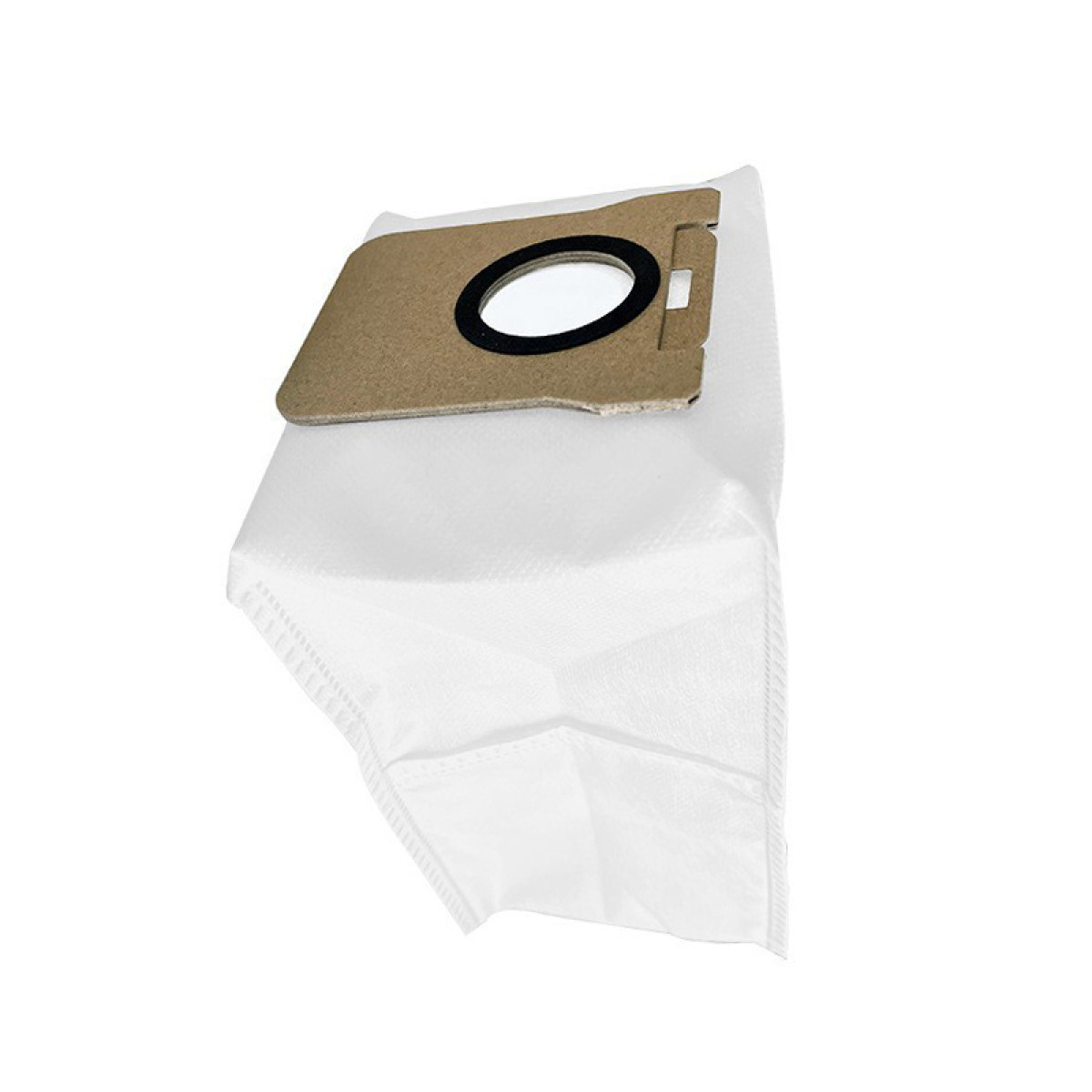 Biały worek do odkurzacza z kartonową górą i czarnym, okrągłym otworem.