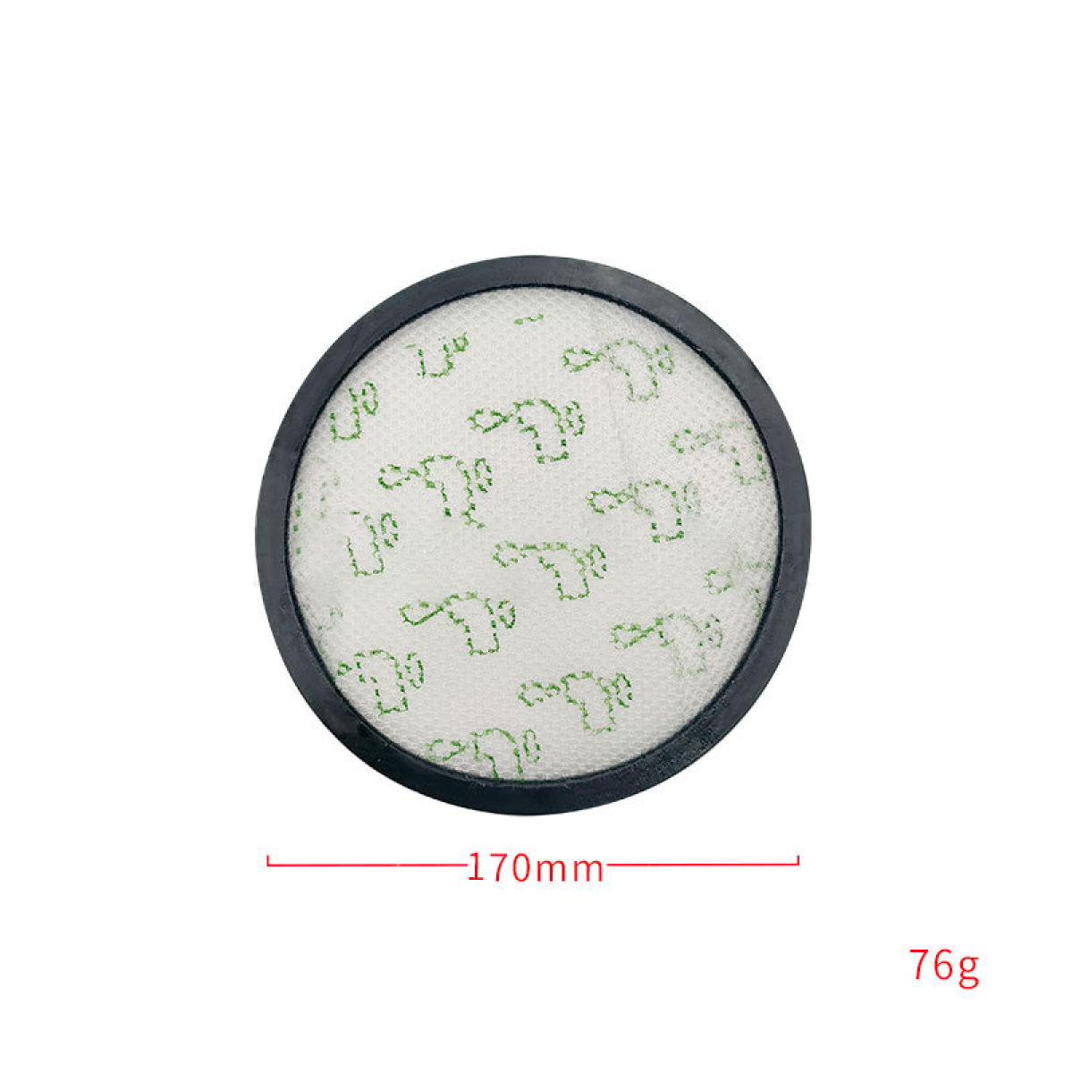 Pokazany jest okrągły filtr z czarną obwódką. Wewnątrz filtr jest biały z zielonymi wzorami. Obraz pokazuje również wymiary i wagę.