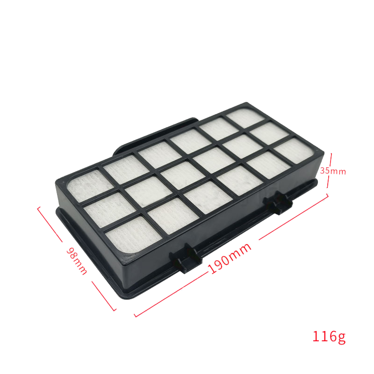 Czarny prostokątny filtr z białym wnętrzem. Wymiary to: 190 mm, 98 mm i 35 mm. Waga to 116 g.