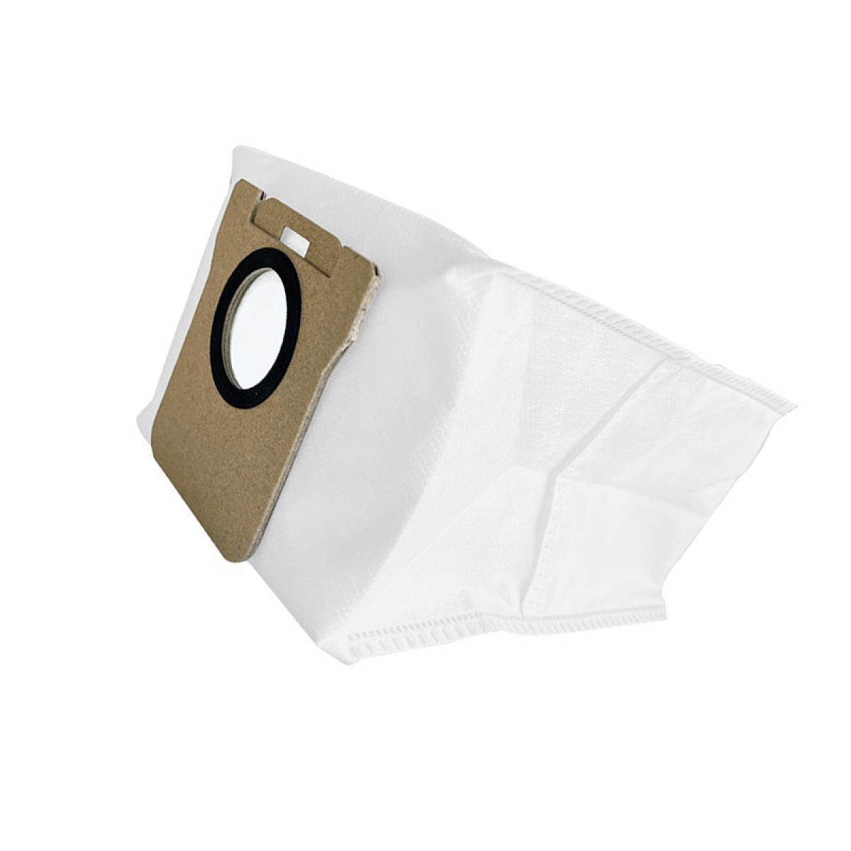 Biały worek do odkurzacza z brązowym kartonowym pierścieniem. Worek jest pod kątem, pokazując swój kształt. Tło jest białe.