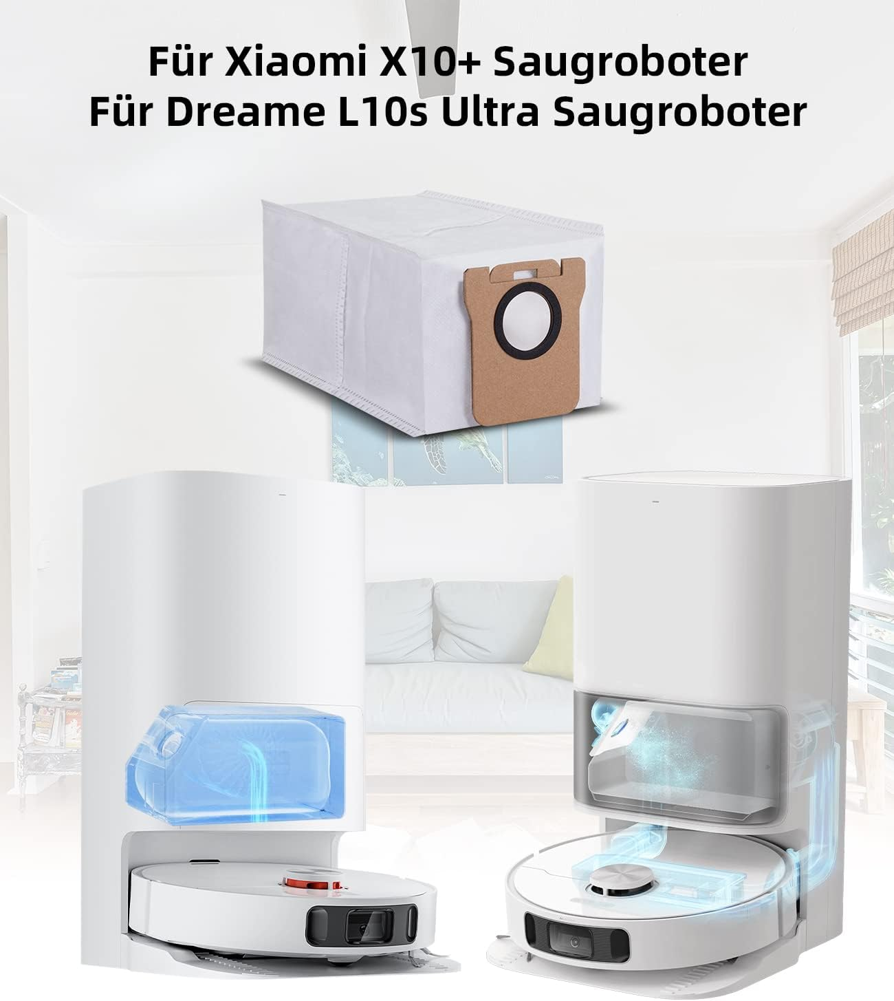 Zdjęcie przedstawia części odkurzacza: biały worek na kurz z brązowym otworem kartonowym i dwa białe odkurzacze roboty.