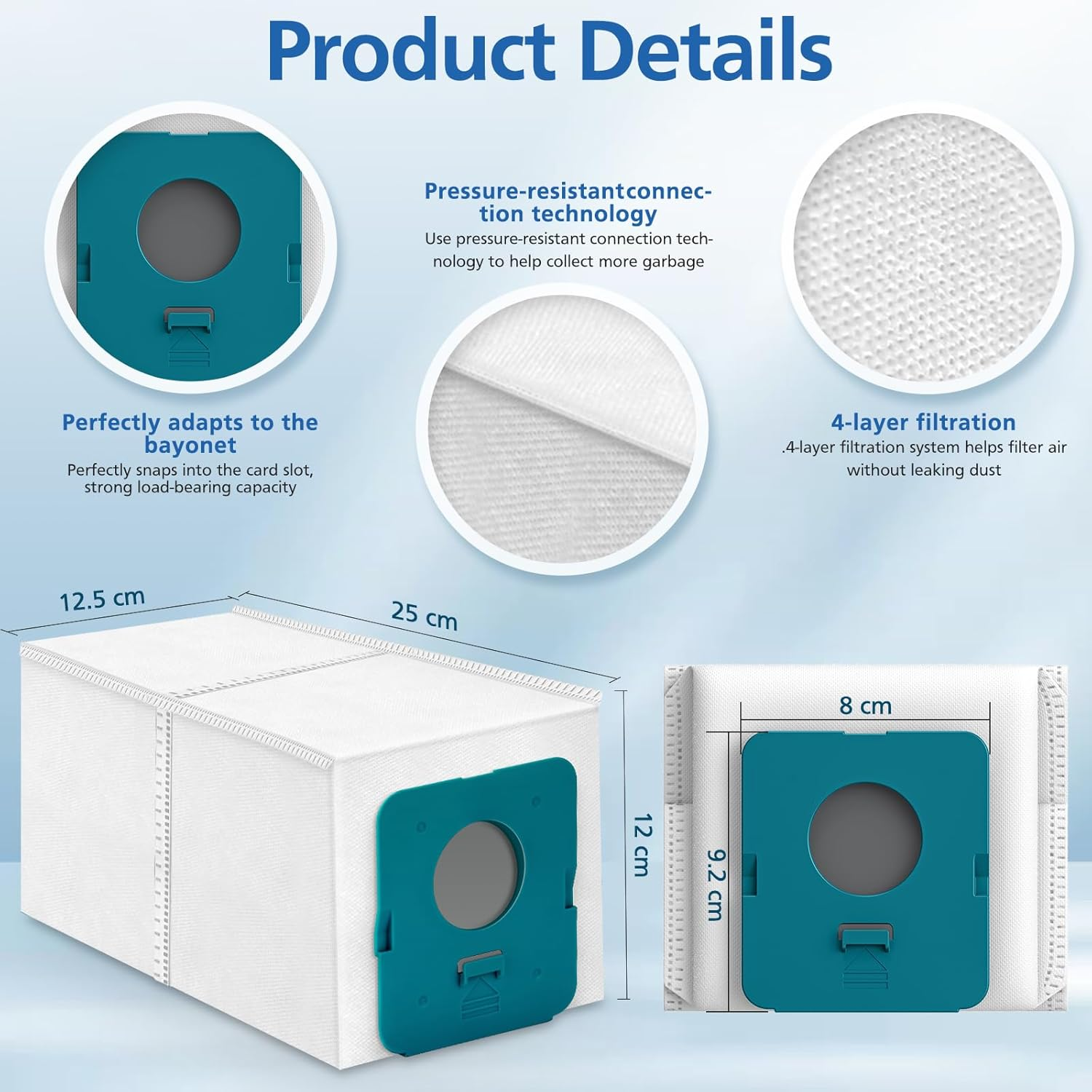 Szczegóły produktu: worek do odkurzacza z wymiarami, niebieskimi częściami, białym materiałem filtracyjnym. Etykiety tekstowe opisują cechy i technologię.