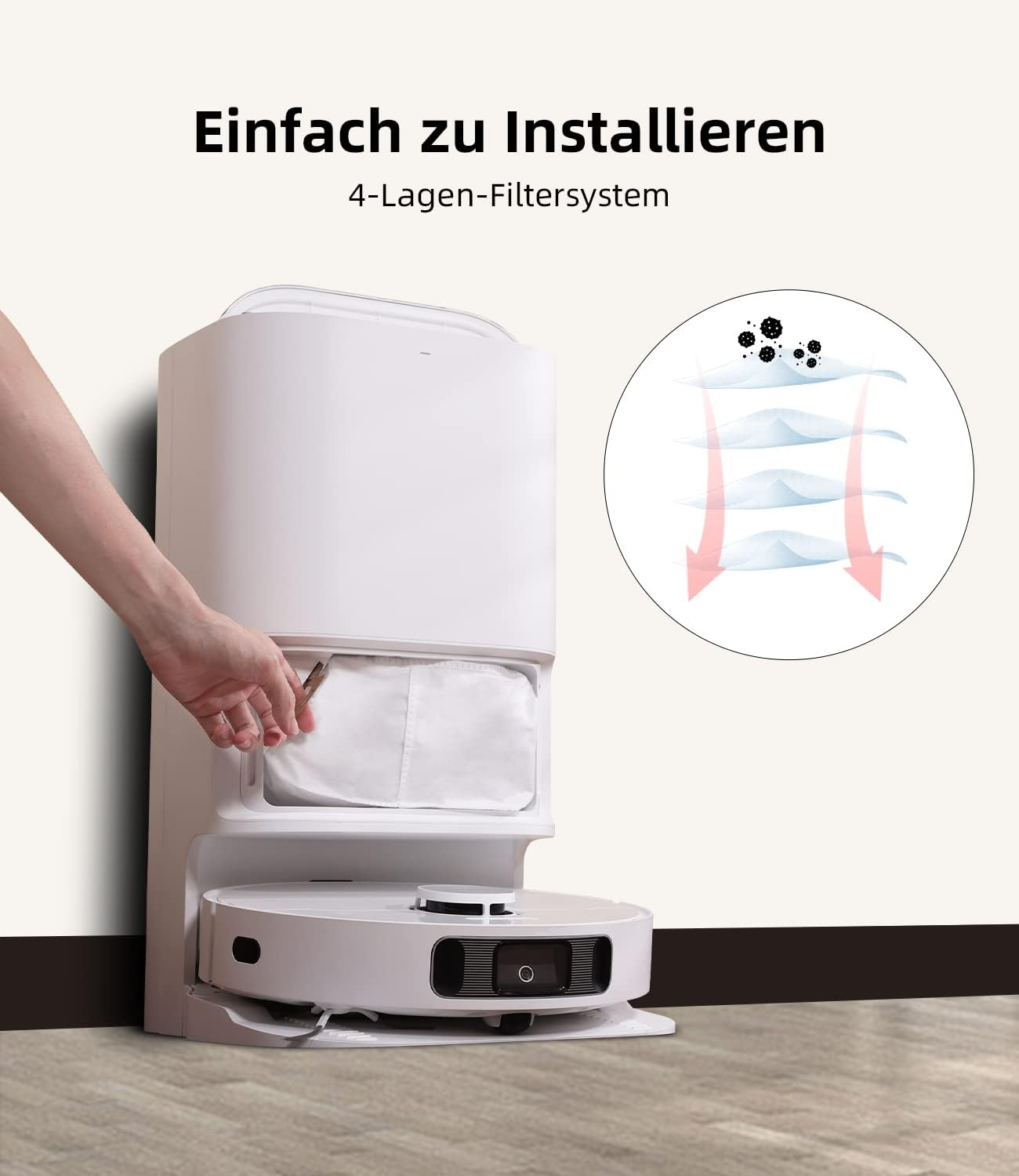 Biały robot sprzątający. Ręka otwiera przegrodę, aby pokazać filtr. Schemat przedstawia 4-warstwowy system filtracji.
