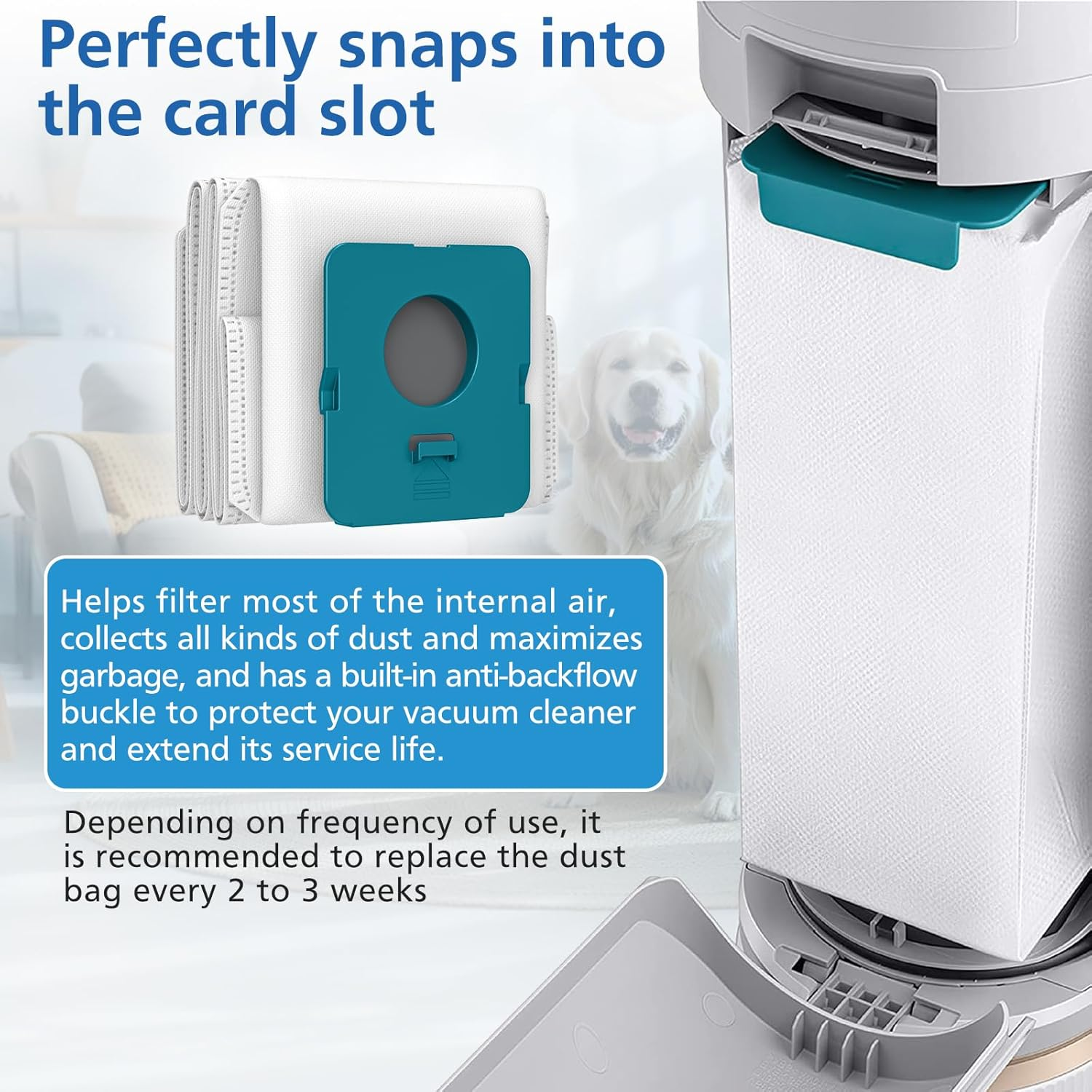 Worek do odkurzacza z turkusowymi akcentami. Tekst zawiera 'zatrzaskuje się w gnieździe'. Biały pies jest na rozmytym tle.