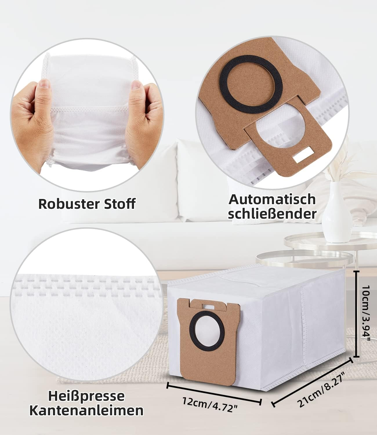 Worek do odkurzacza. Biały, prostokątny worek z brązowym kawałkiem kartonu i czarnym okręgiem. Szczegóły pokazują materiał i wymiary.